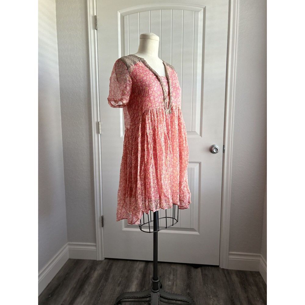 Anthropologie Maeve Coral Pink Floral‎ Chiffon 2-Piece Dress & Slip Size 2